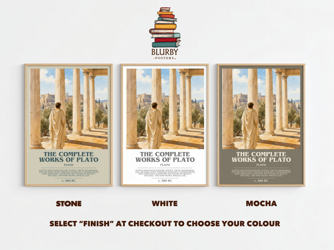 The Complete Works of Plato bookish print framed by window – Stone, White and Mocha side by side – choose your colour