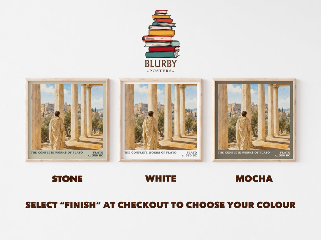 The Complete Works of Plato literary print framed by window – Stone, White and Mocha square prints side by side – choose your colour