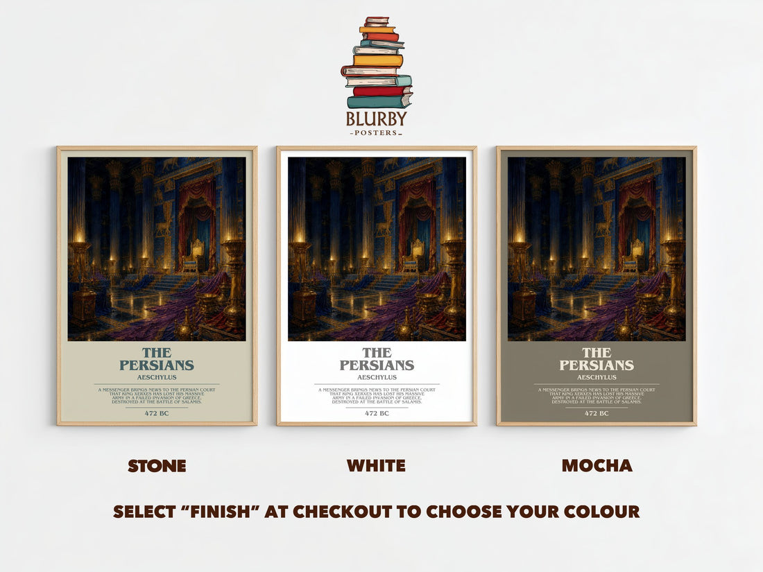 The Persians bookish print framed by window – Stone, White and Mocha side by side – choose your colour
