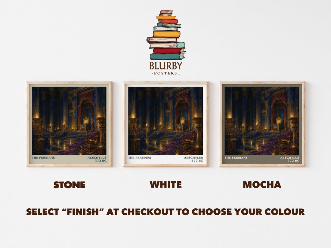 The Persians literary print framed by window – Stone, White and Mocha square prints side by side – choose your colour
