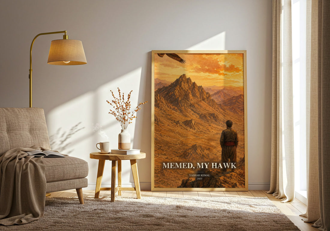 Memed, My Hawk watercolour print in frame leaning in hallway – literary fiction wall art