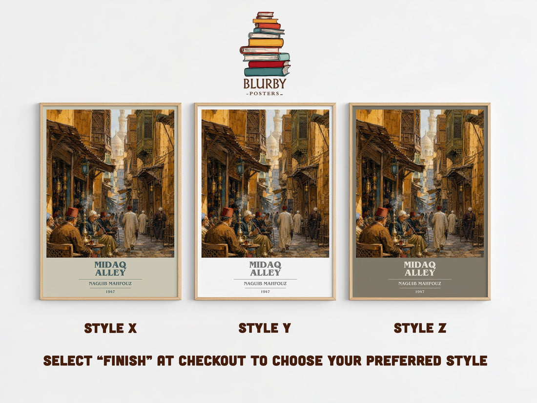 Midaq Alley book cover print in frame leaning in hallway – literary fiction wall art (mockup)