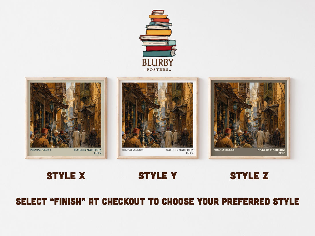 Midaq Alley literary print in frame leaning in hallway – literary fiction wall art (mockup)