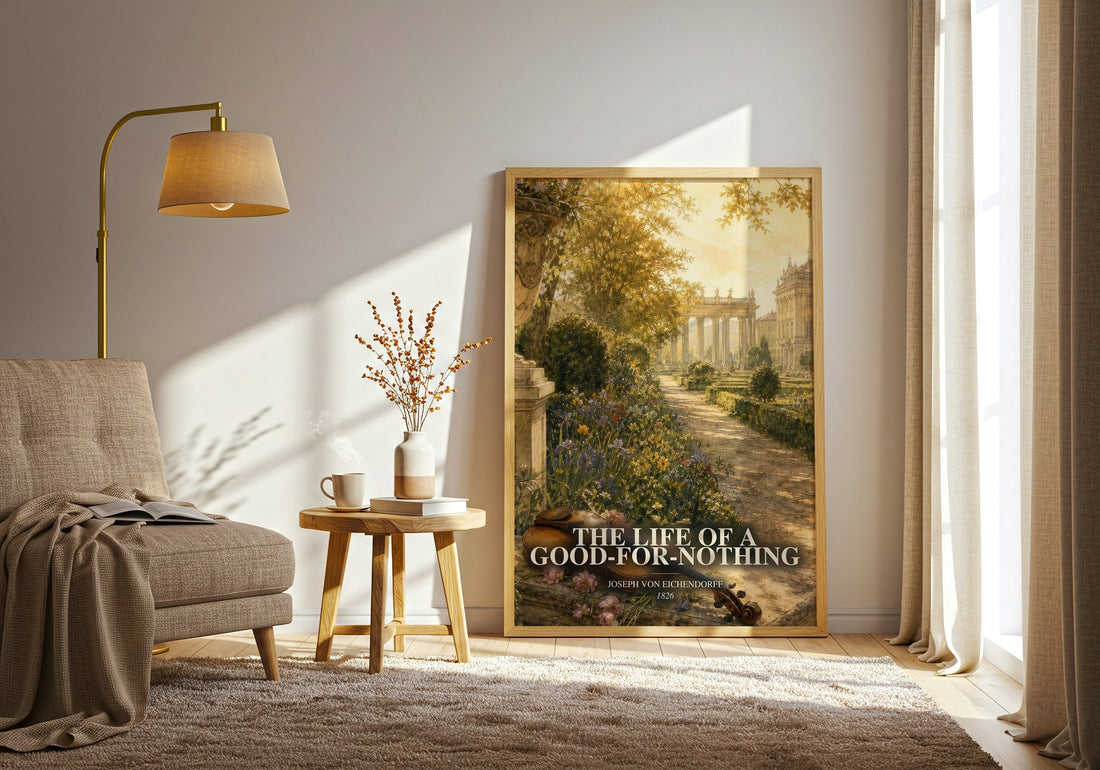 The Life of a Good-For-Nothing watercolour print in frame leaning in hallway – classic literature wall art