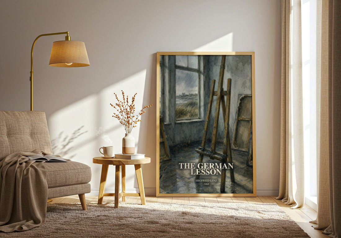 The German Lesson watercolour print in frame leaning in hallway – literary fiction wall art