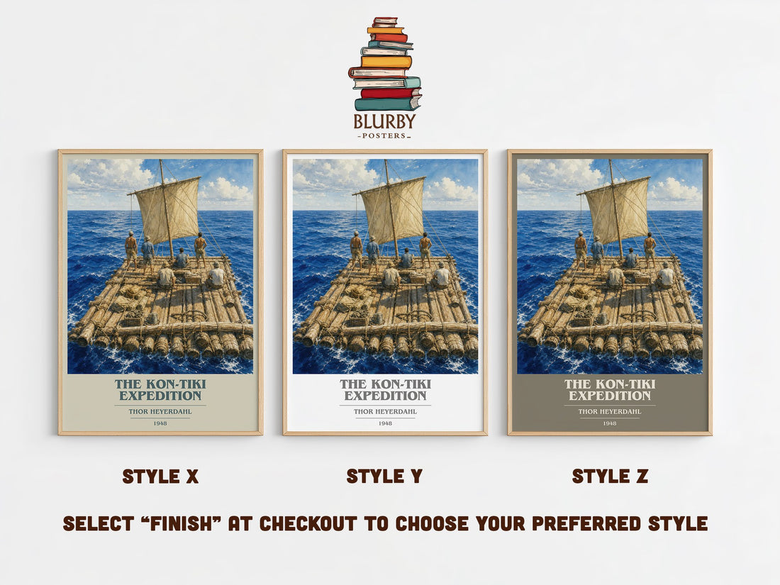 The Kon-Tiki Expedition book cover print in frame leaning in hallway – non fiction wall art (mockup)