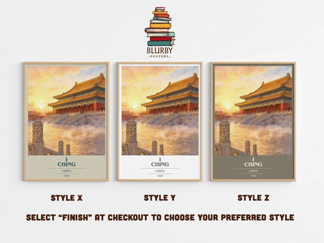 I Ching book cover print in frame leaning in hallway – philosophy wall art (mockup)