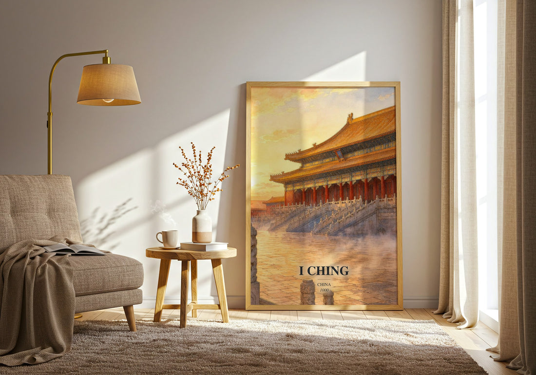 I Ching watercolour print in frame leaning in hallway – philosophy wall art