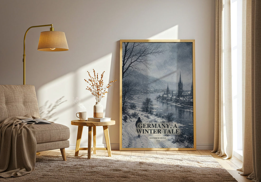 Germany, a Winter Tale watercolour print in frame leaning in hallway – poetry wall art