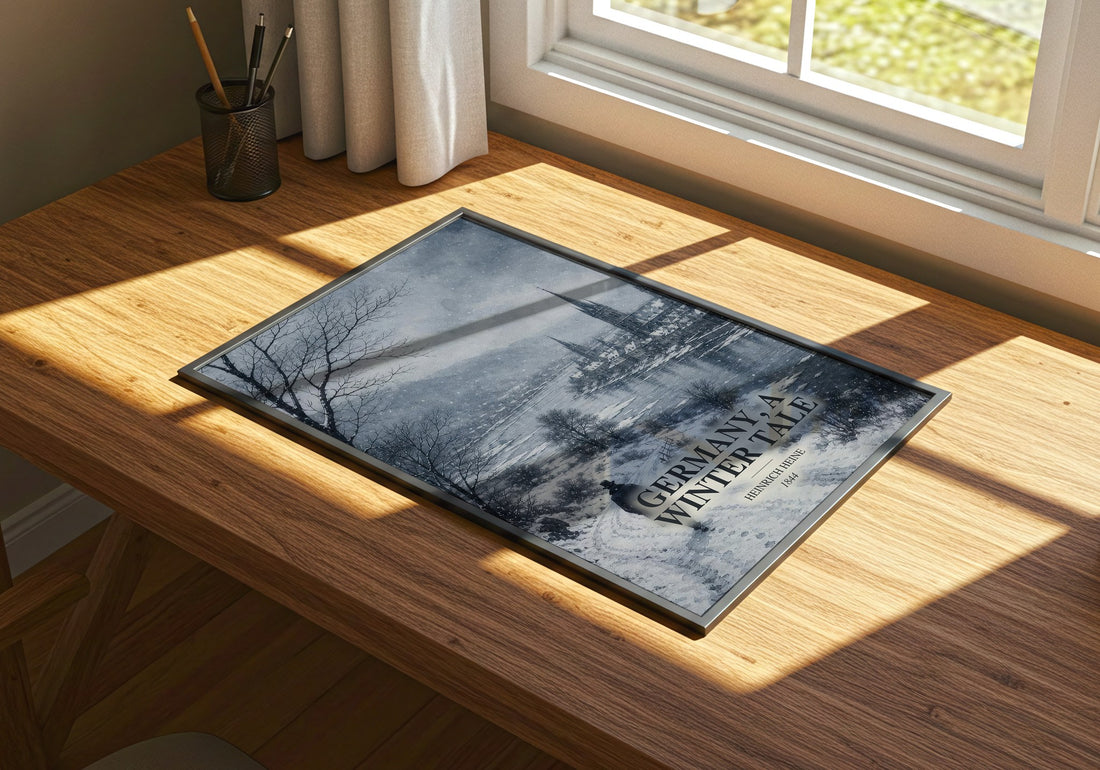 Germany, a Winter Tale watercolour book poster framed on wall – poetry wall art