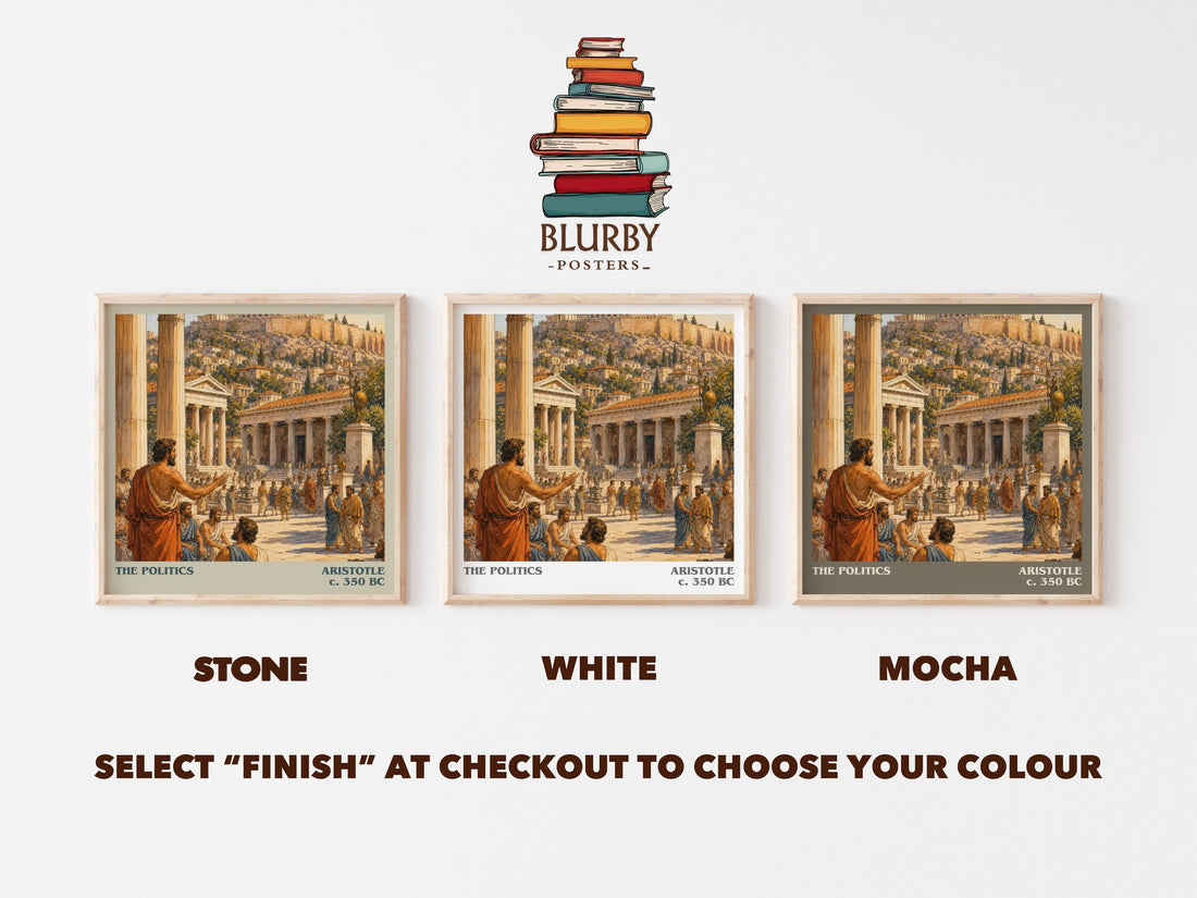 The Politics literary print framed by window – Stone, White and Mocha square prints side by side – choose your colour