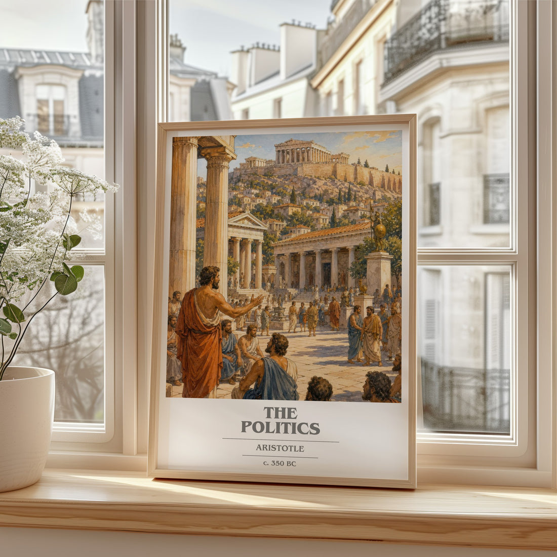 The Politics book cover print in frame leaning in hallway – philosophy wall art