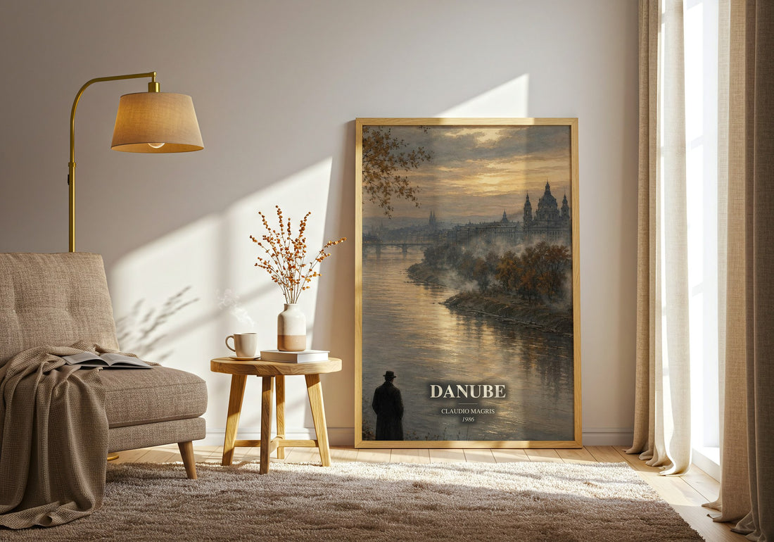Danube watercolour print in frame leaning in hallway – non fiction wall art