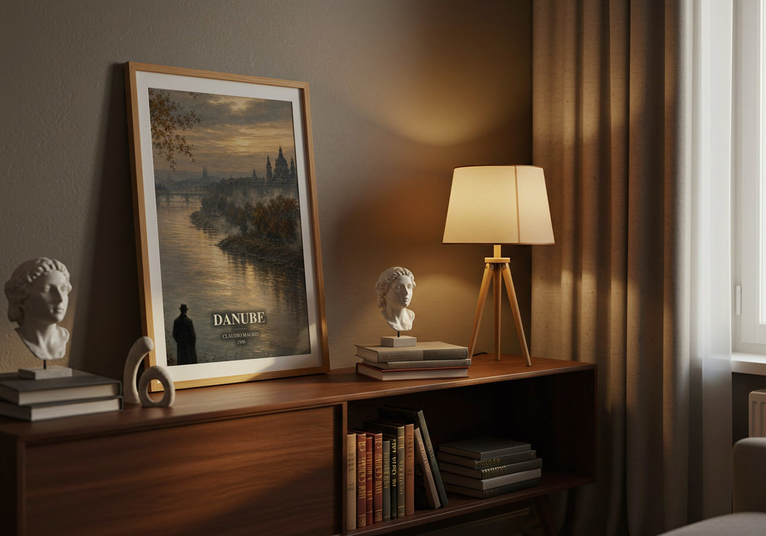 Danube watercolour print on bookshelf – Claudio Magris fan gift