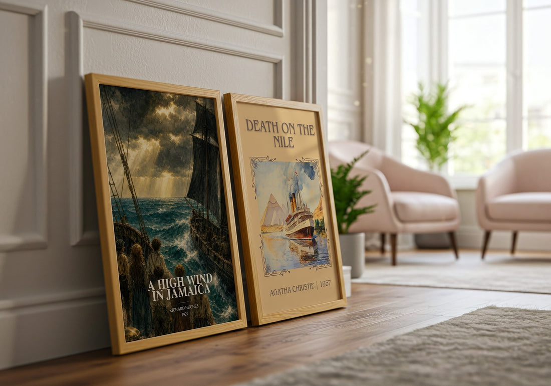 A High Wind in Jamaica watercolour print framed by window – literary home decor