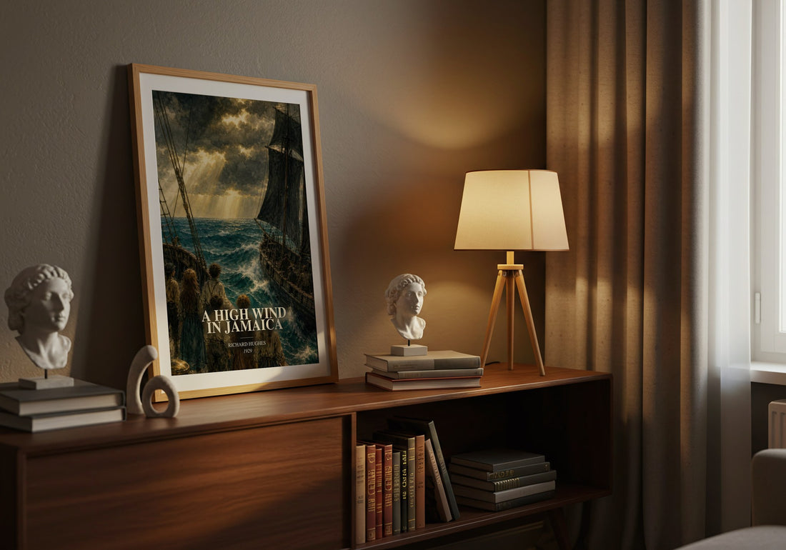A High Wind in Jamaica watercolour print on bookshelf – Richard Hughes fan gift