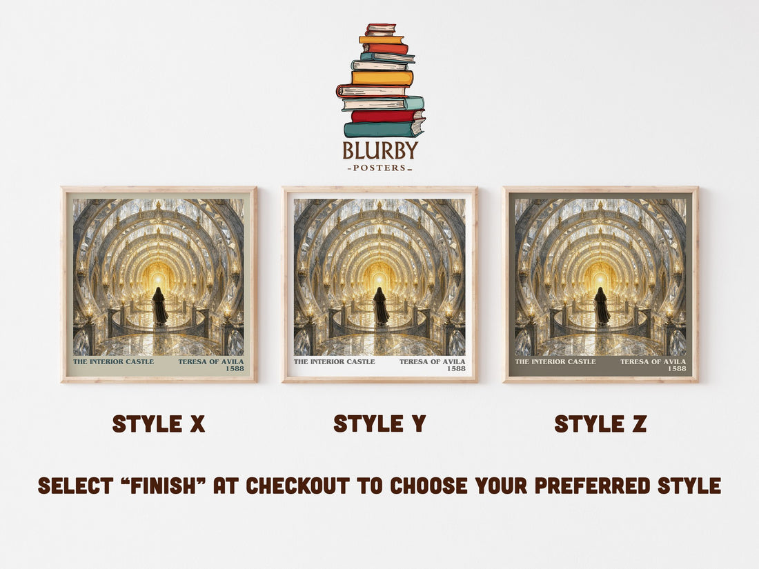 The Interior Castle literary print in frame leaning in hallway – non fiction wall art (mockup)