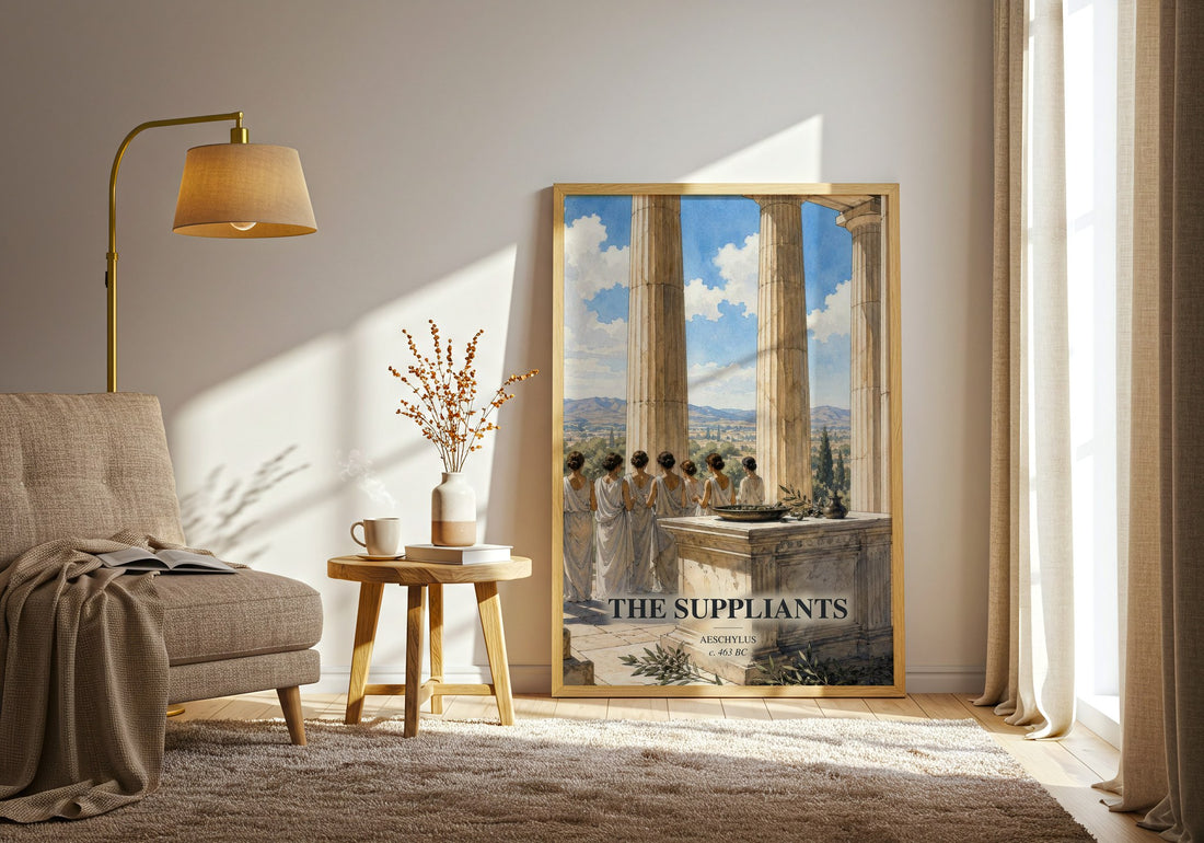 The Suppliants watercolour print in frame leaning in hallway – classic literature wall art