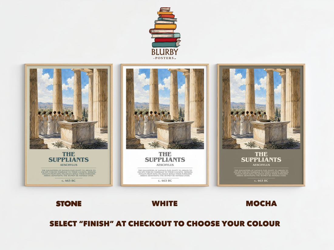 The Suppliants bookish print framed by window – Stone, White and Mocha side by side – choose your colour