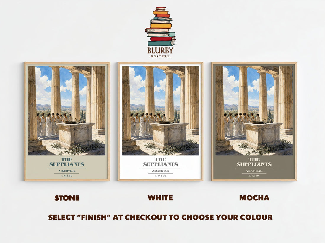 The Suppliants book cover print framed by window – Stone, White and Mocha side by side – choose your colour