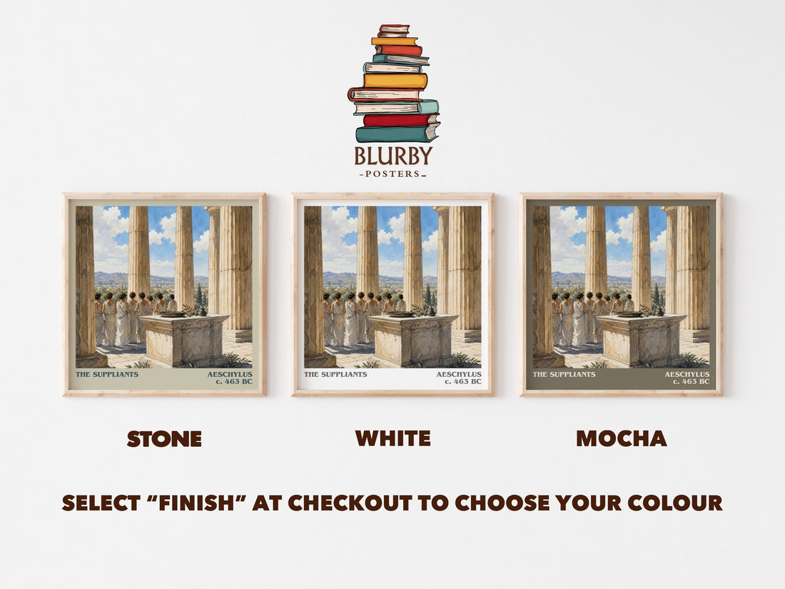 The Suppliants literary print framed by window – Stone, White and Mocha square prints side by side – choose your colour