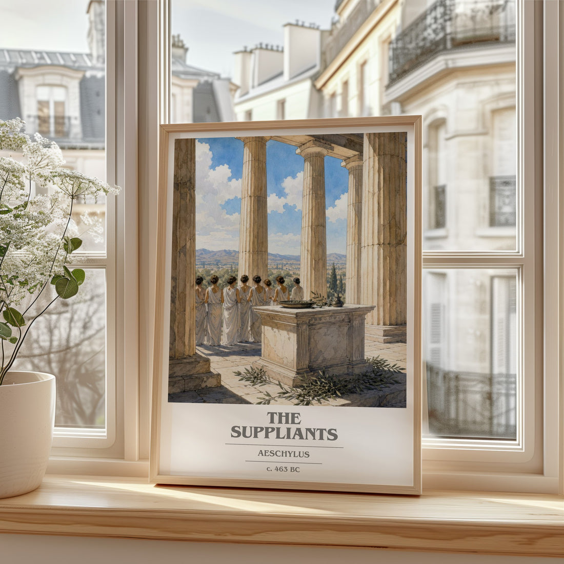 The Suppliants book cover print in frame leaning in hallway – classic literature wall art