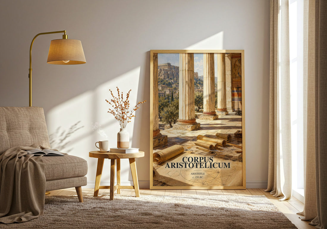 Corpus Aristotelicum watercolour print in frame leaning in hallway – philosophy wall art