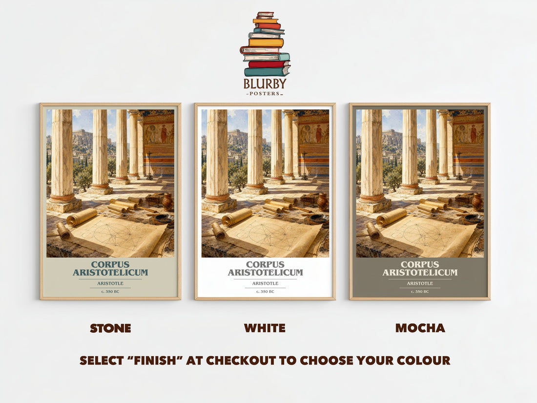 Corpus Aristotelicum book cover print framed by window – Stone, White and Mocha side by side – choose your colour