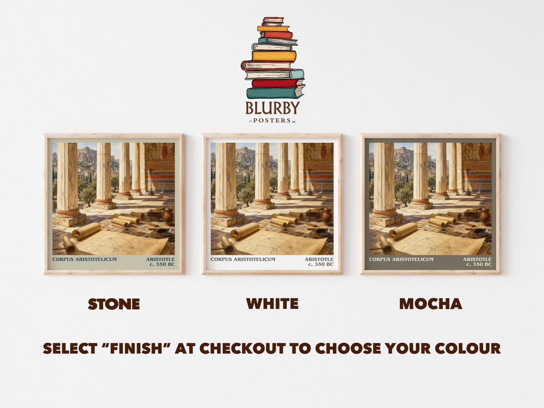Corpus Aristotelicum literary print framed by window – Stone, White and Mocha square prints side by side – choose your colour