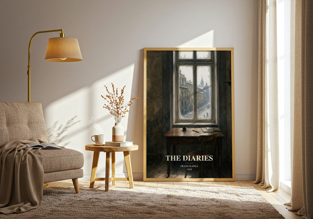 The Diaries watercolour print in frame leaning in hallway – memoir wall art