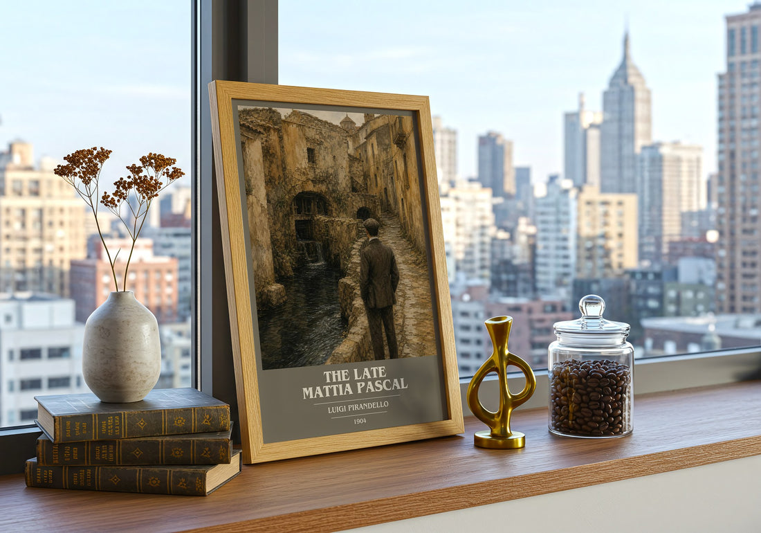 The Late Mattia Pascal Book Cover Poster by Luigi Pirandello – framed print on a city-view windowsill