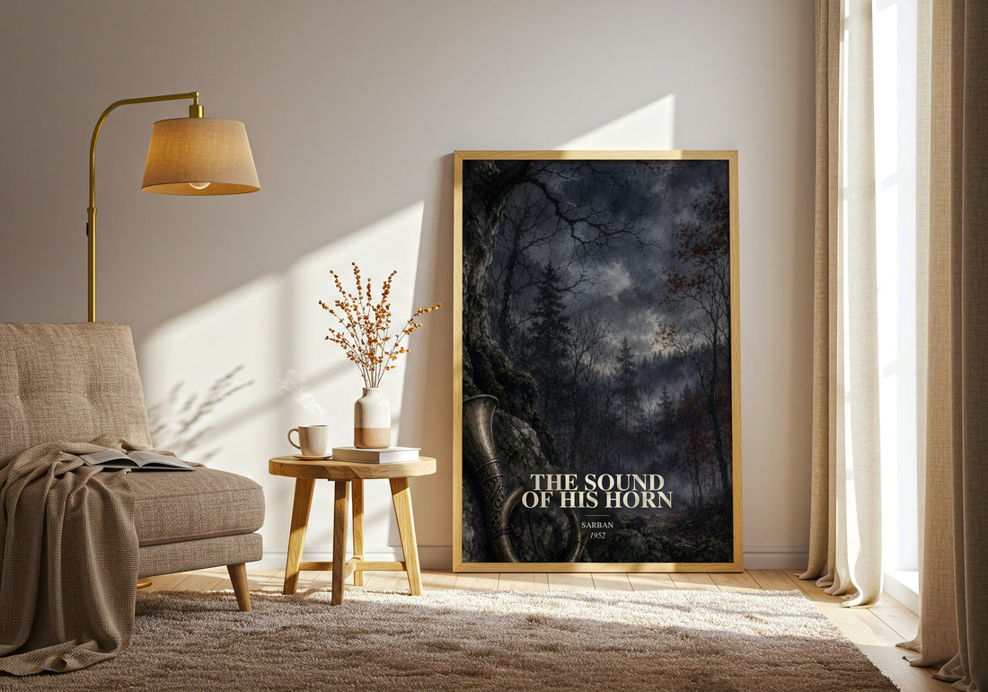 The Sound Of His Horn watercolour print in frame leaning in hallway – dystopian wall art