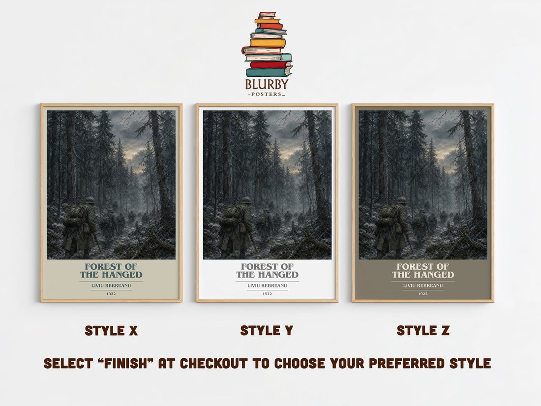 Forest of the Hanged book cover print in frame leaning in hallway – literary fiction wall art (mockup)
