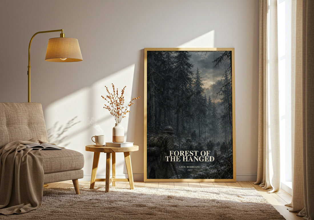 Forest of the Hanged watercolour print in frame leaning in hallway – literary fiction wall art