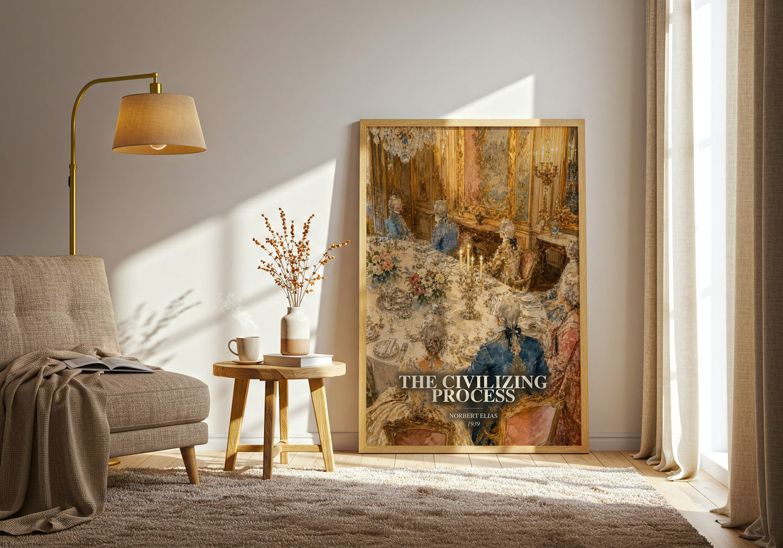 The Civilizing Process watercolour print in frame leaning in hallway – non fiction wall art