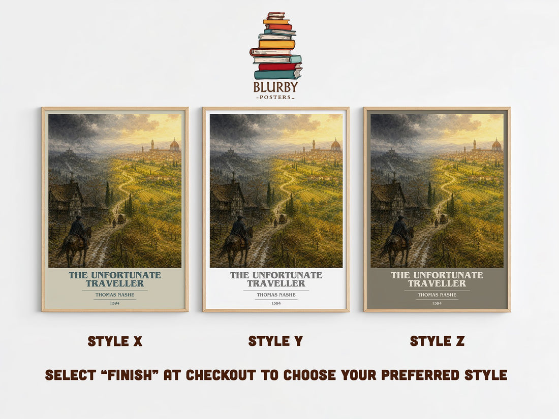 The Unfortunate Traveller book cover print in frame leaning in hallway – classic literature wall art (mockup)