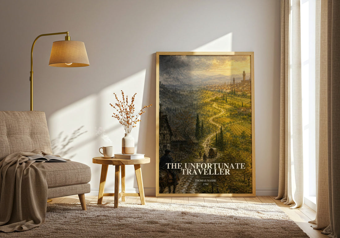 The Unfortunate Traveller watercolour print in frame leaning in hallway – classic literature wall art