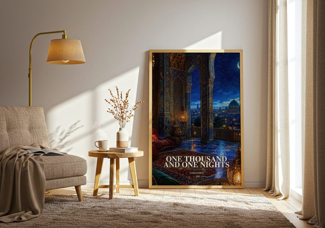 One Thousand and One Nights watercolour print in frame leaning in hallway – classic literature wall art