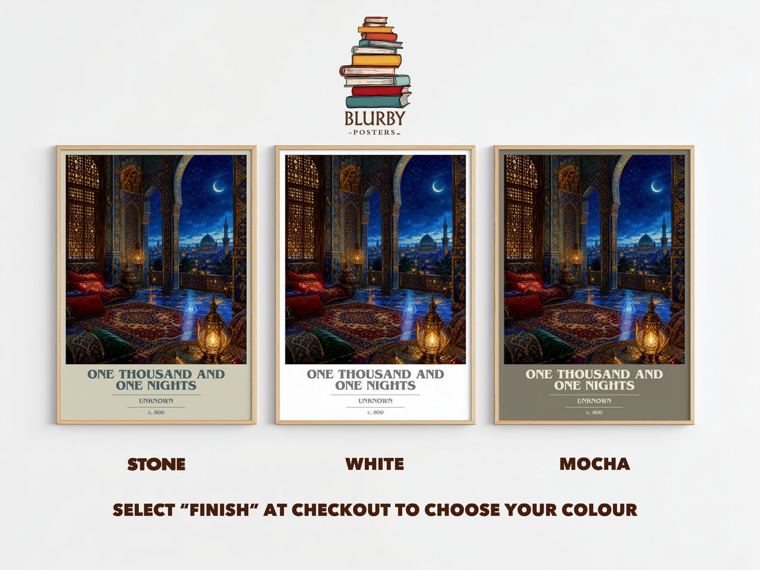 One Thousand and One Nights book cover print framed by window – Stone, White and Mocha side by side – choose your colour