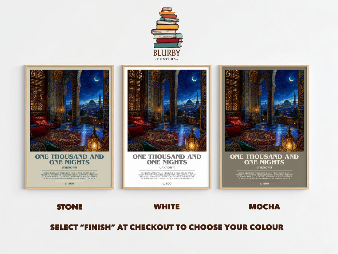 One Thousand and One Nights bookish print framed by window – Stone, White and Mocha side by side – choose your colour