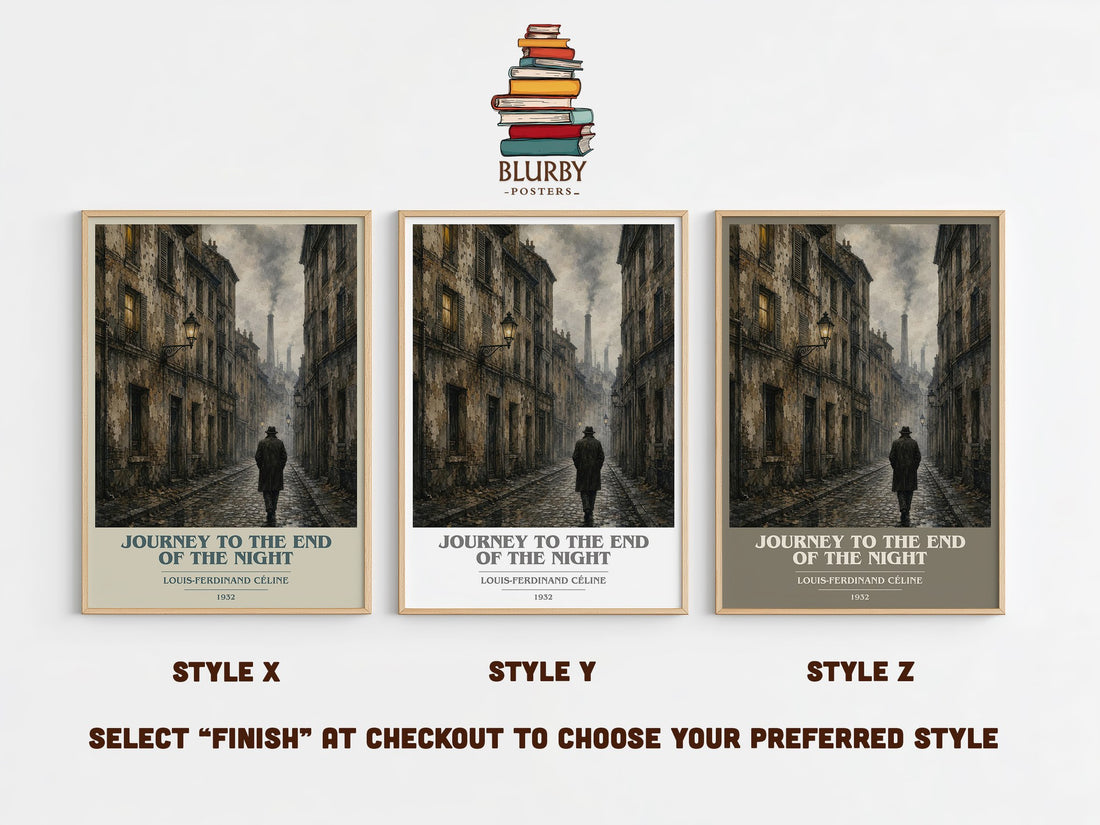 Journey to the End of The Night book cover print in frame leaning in hallway – literary fiction wall art (mockup)