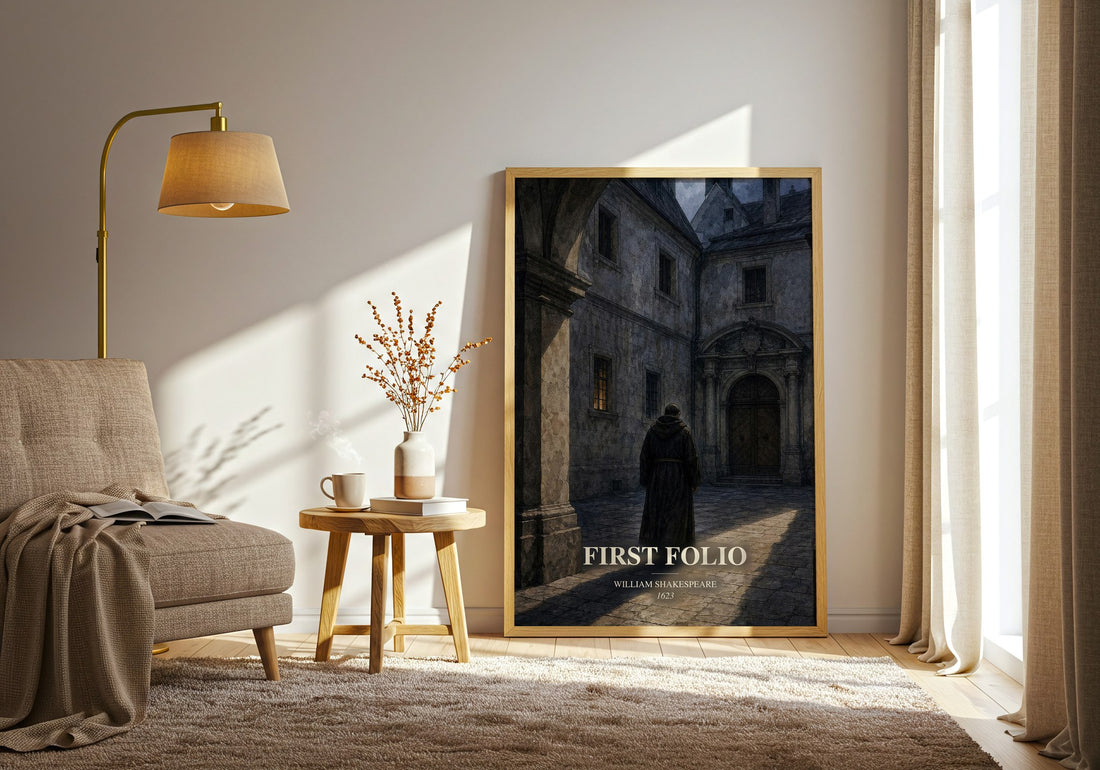 First Folio watercolour print in frame leaning in hallway – classic literature wall art