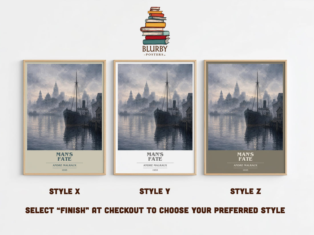 Man's Fate book cover print in frame leaning in hallway – literary fiction wall art (mockup)
