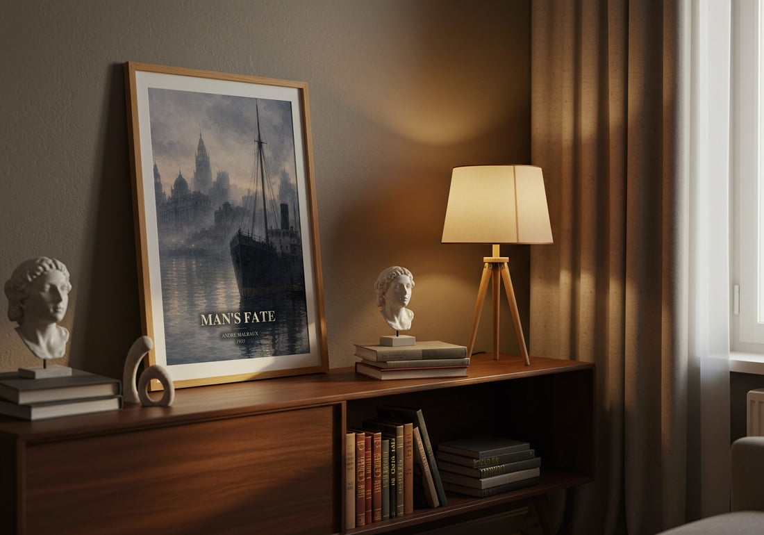 Man's Fate watercolour print on bookshelf – Andre Malraux fan gift