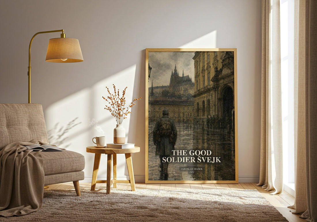 The Good Soldier Švejk watercolour print in frame leaning in hallway – satire wall art