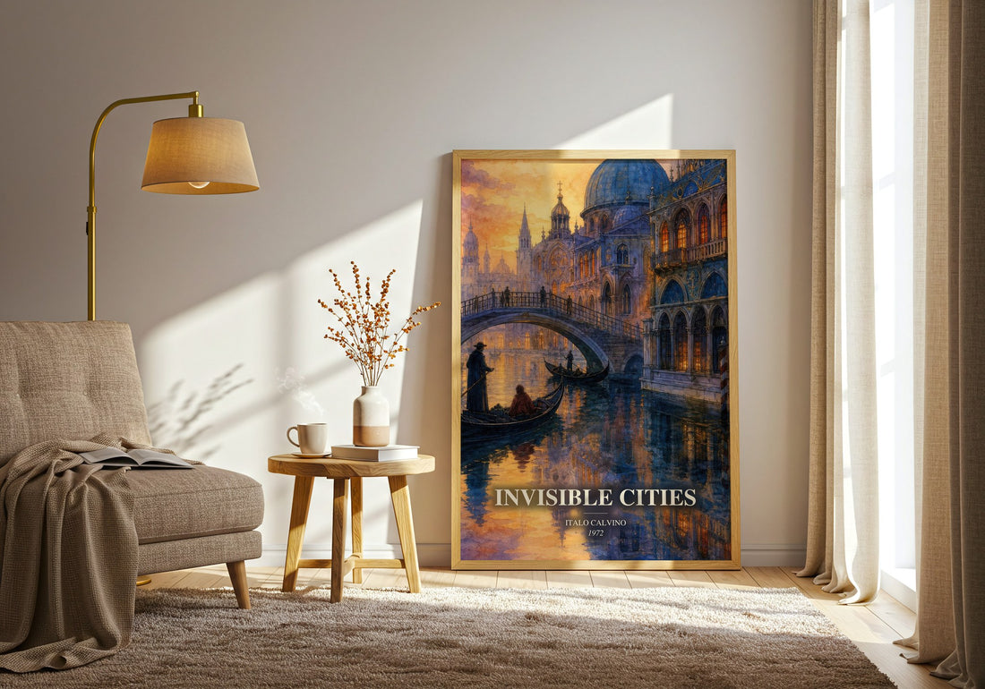 Invisible Cities watercolour print in frame leaning in hallway – literary fiction wall art