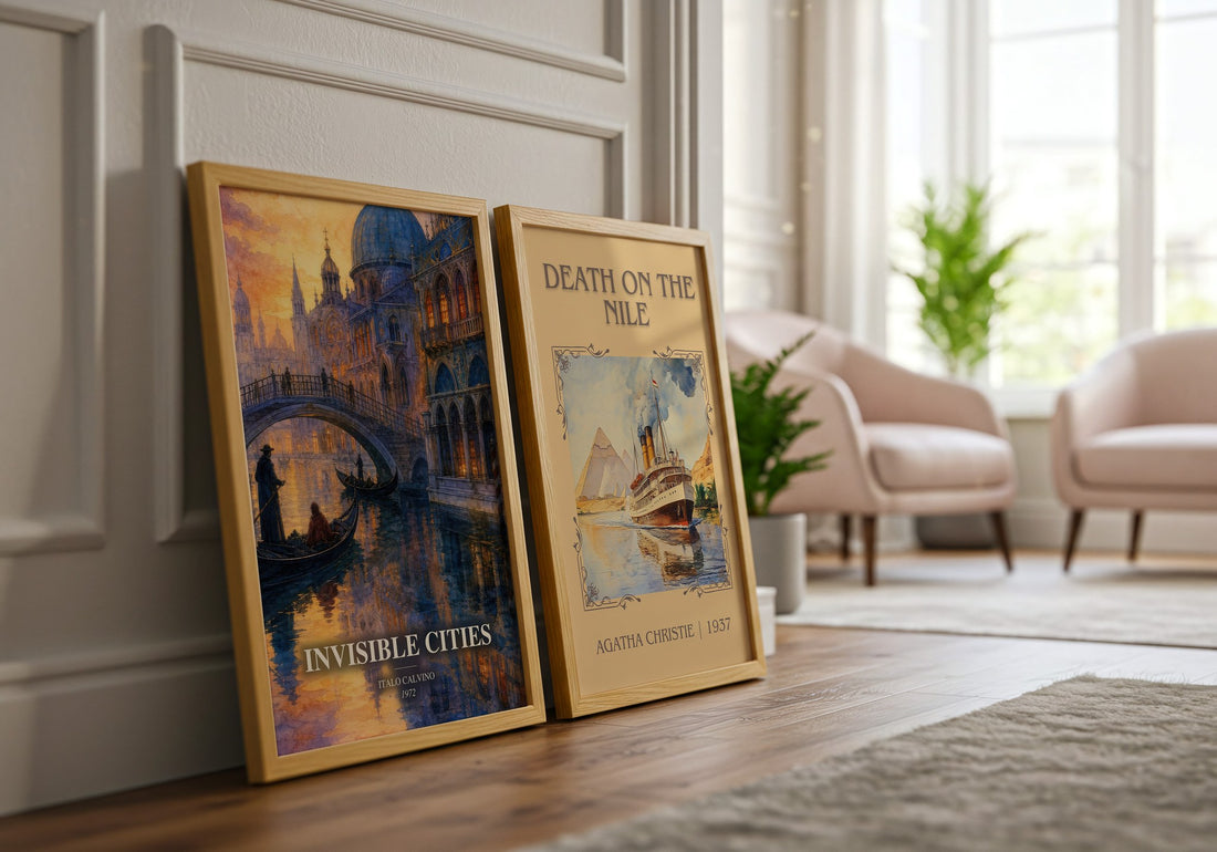 Invisible Cities watercolour print framed by window – literary home decor