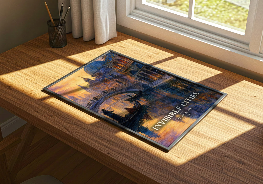 Invisible Cities watercolour book poster framed on wall – literary fiction wall art