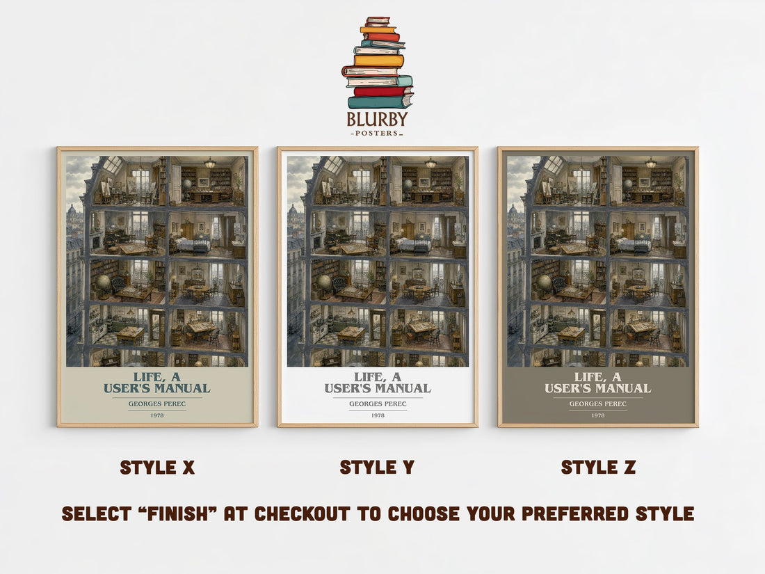 Life, a User's Manual book cover print in frame leaning in hallway – literary fiction wall art (mockup)