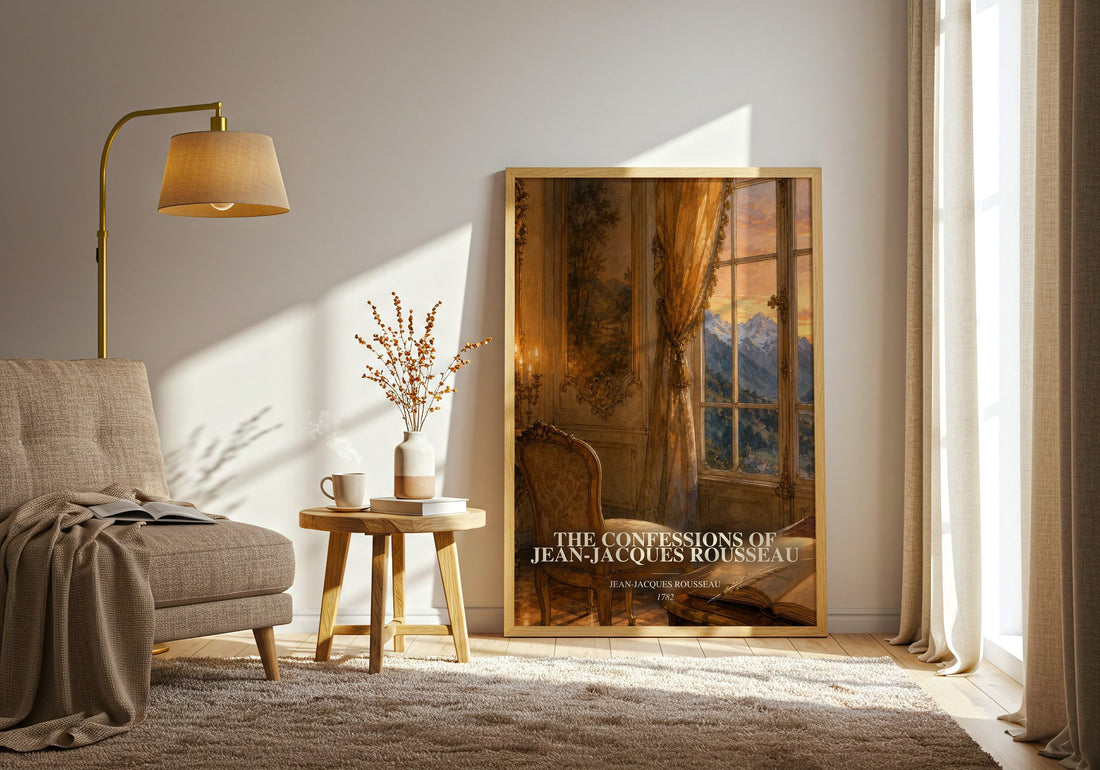 The Confessions of Jean-Jacques Rousseau watercolour print in frame leaning in hallway – memoir wall art